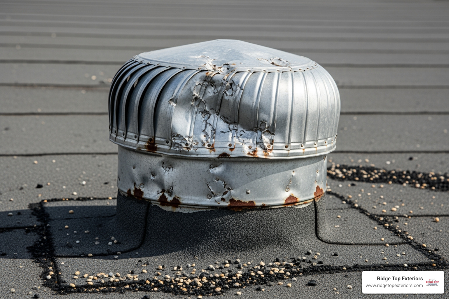 dented metal roof vent - hail damage commercial roofing