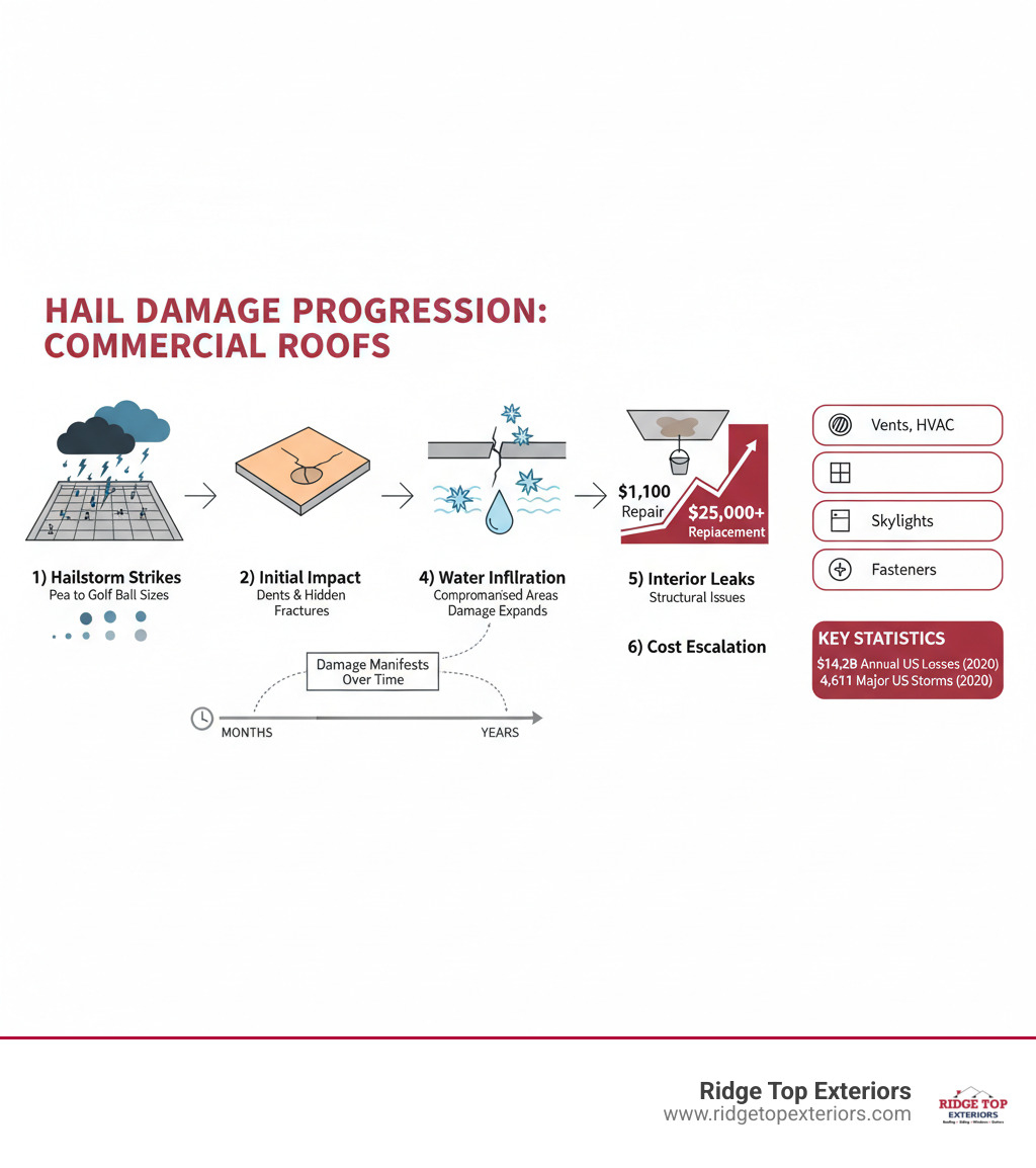 Infographic showing the progression of hail damage on commercial roofs: 1) Hailstorm strikes with varying hailstone sizes (pea to golf ball), 2) Initial impact creates visible dents or hidden membrane fractures, 3) Water infiltrates through compromised areas, 4) Freeze-thaw cycles expand damage, 5) Interior leaks and structural issues develop, 6) Cost escalates from $1,100 repair to $25,000+ replacement. Includes timeline showing damage can manifest months or years after initial storm, with call-out boxes for most vulnerable components (vents, HVAC, skylights) and key statistics ($14.2B annual losses, 4,611 storms in 2020). - hail damage commercial roofing infographic 