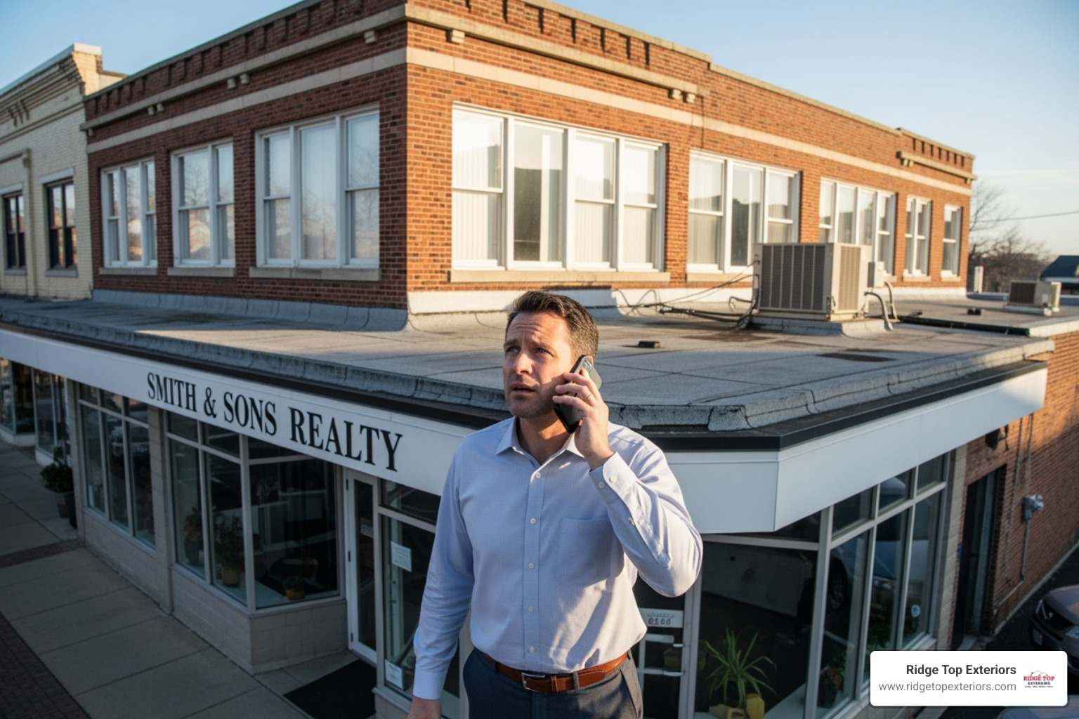 commercial property owner on the phone, looking at their roof - hail damage commercial roofing