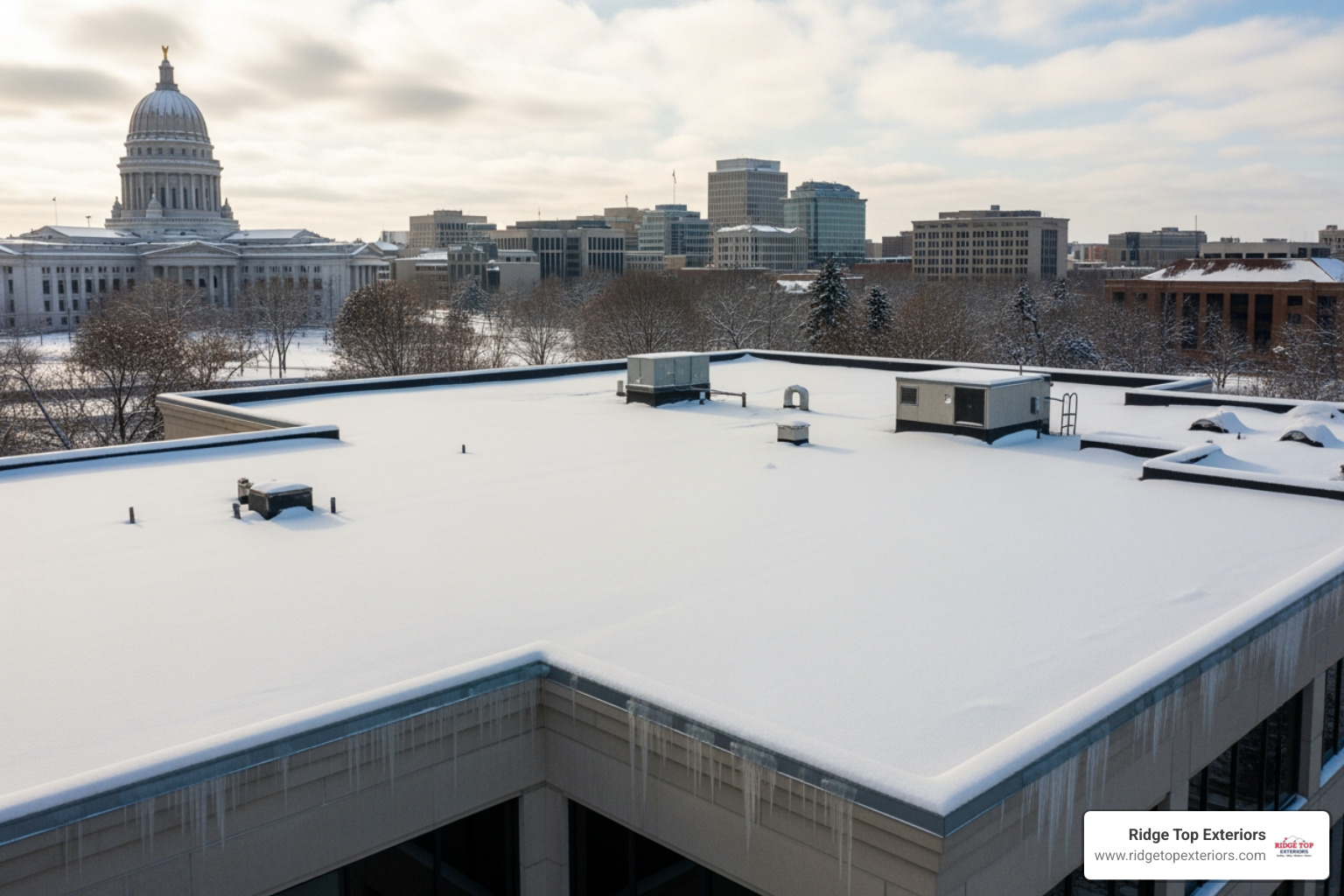 Snow-covered flat roof in Madison, WI - rubber roofing madison wi