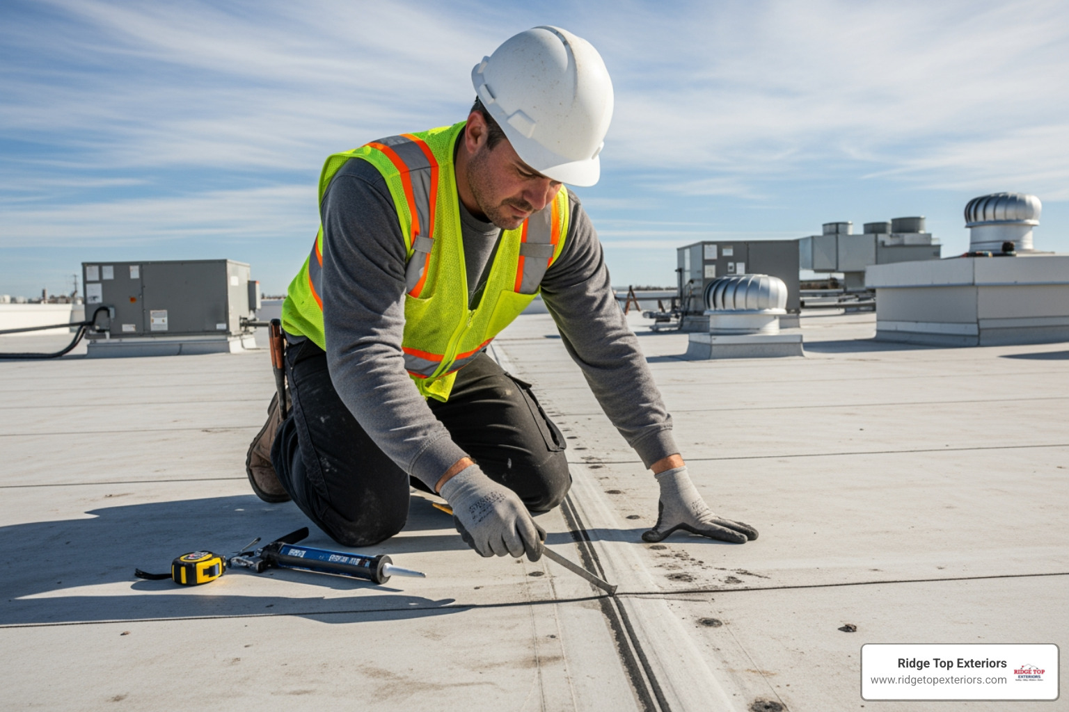 Roofing contractor inspecting a low-slope roof - rubber roofing madison wi