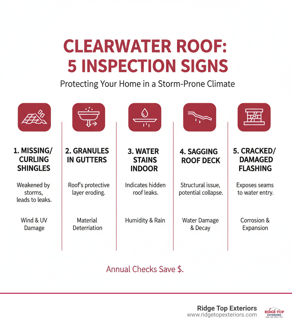 Infographic showing the top 5 signs a Clearwater roof needs inspection: 1) Missing or curling shingles with storm damage visible, 2) Granules collecting in gutters indicating shingle deterioration, 3) Water stains on interior ceilings or attic beams, 4) Sagging areas on the roof deck, 5) Cracked or damaged flashing around vents and chimneys. Each sign includes a small icon and brief explanation of why it matters in Clearwater's humid, storm-prone climate. - roof inspection clearwater infographic Infographic showing the top 5 signs a Clearwater roof needs inspection: 1) Missing or curling shingles with storm damage visible, 2) Granules collecting in gutters indicating shingle deterioration, 3) Water stains on interior ceilings or attic beams, 4) Sagging areas on the roof deck, 5) Cracked or damaged flashing around vents and chimneys. Each sign includes a small icon and brief explanation of why it matters in Clearwater's humid, storm-prone climate. - roof inspection clearwater infographic