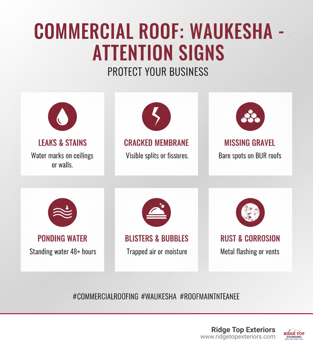 Infographic detailing key signs a commercial roof needs attention in Wauwatosa - commercial roofing Wauwatosa infographic 