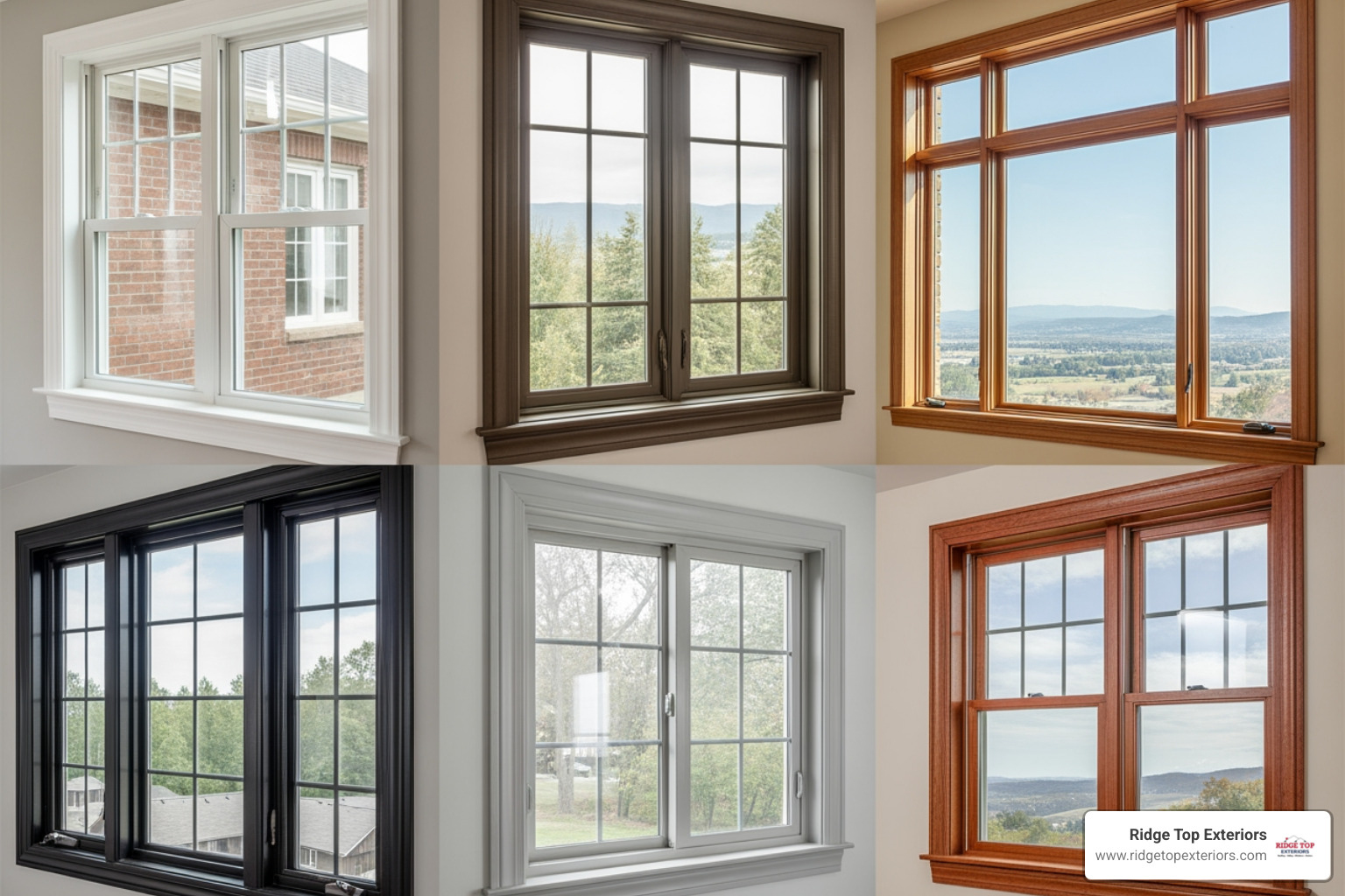 A collage of different window styles including double-hung, casement, and picture windows, showcasing various frame materials and colors. - Window replacement financing options