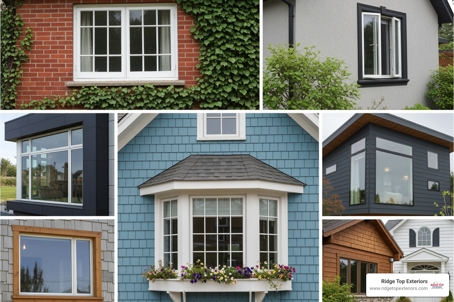 collage of different window styles like double-hung, casement, and bay windows - window replacement appleton wi