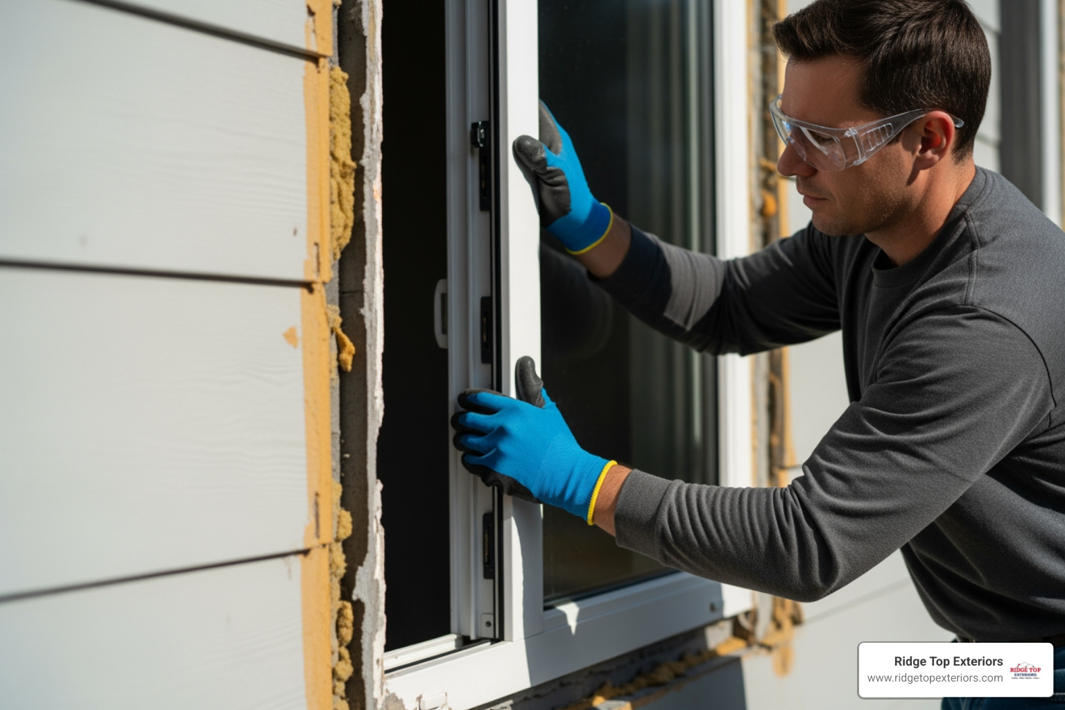 A professional installer, wearing work gloves and safety glasses, is carefully fitting a new window into a prepared opening. The window has a dark frame, contrasting with the light-colored exterior wall. The scene conveys precision and attention to detail. - Window replacement Verona WI