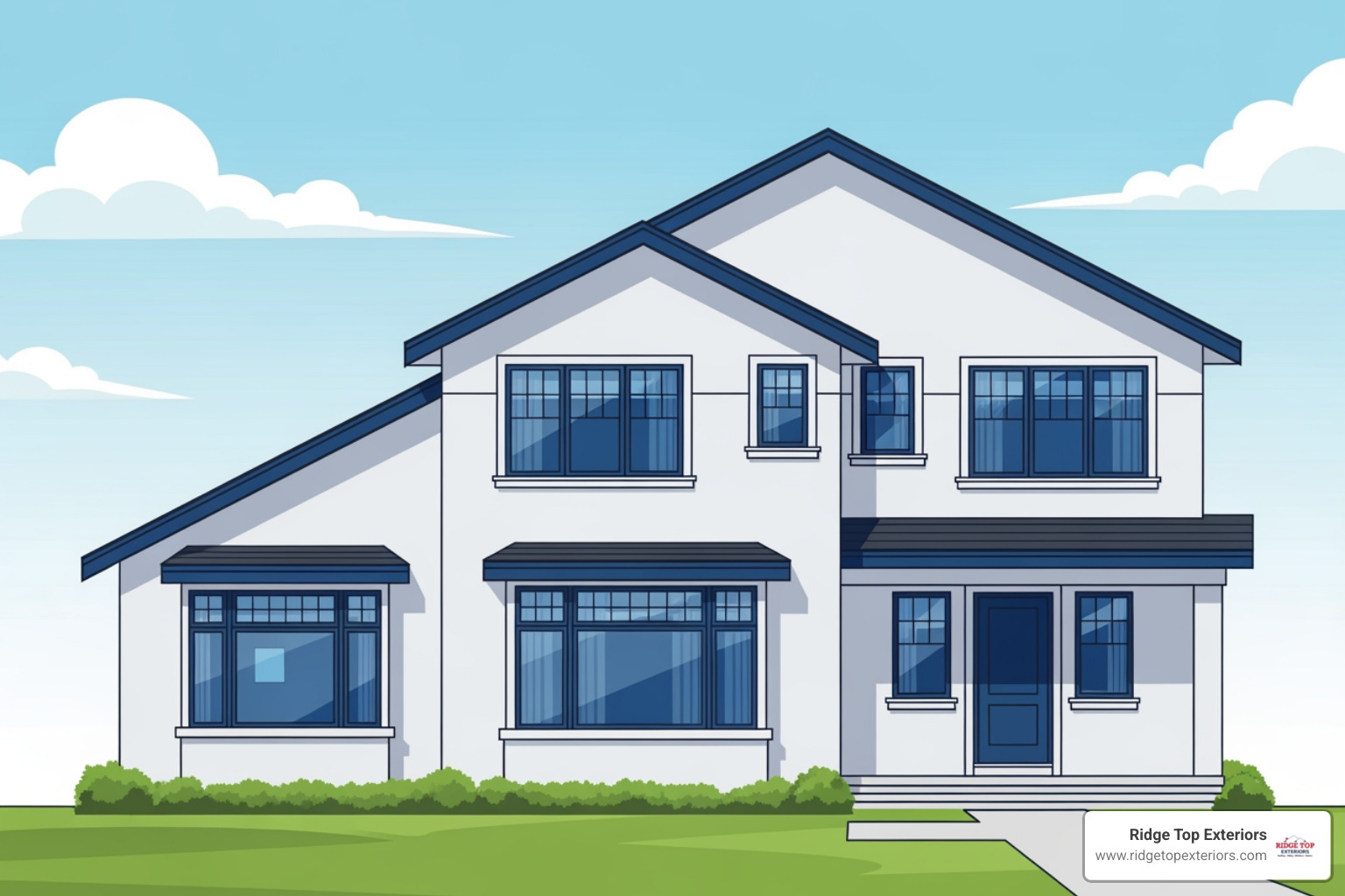 An illustration of a modern suburban house with various window styles including double-hung, casement, and a large picture window, all featuring a dark frame against a light-colored exterior. - Window replacement Verona WI