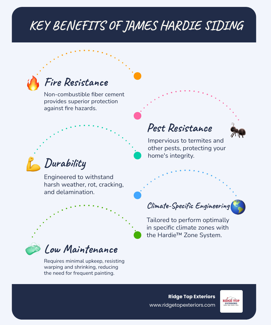 Infographic explaining the key benefits of James Hardie siding: Fire Resistance, Pest Resistance, Durability, and Climate-Specific Engineering. - james hardie siding near me infographic infographic-line-5-steps-blues-accent_colors