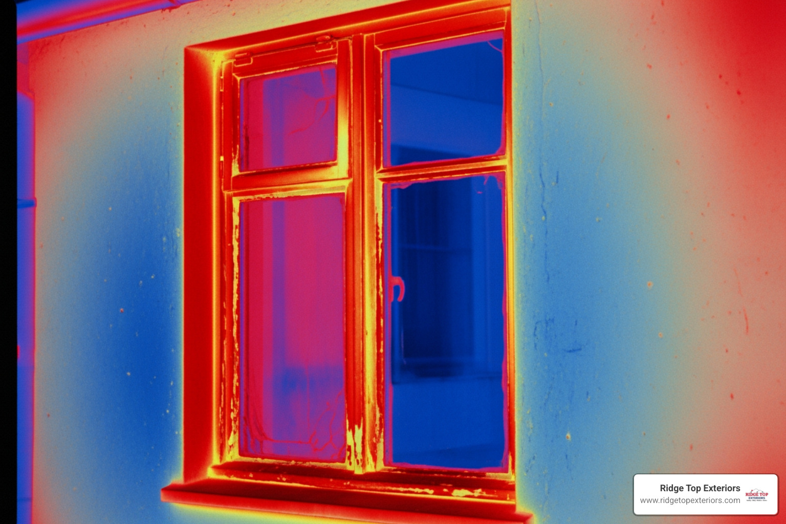 Thermal camera image showing heat escaping from around an old, inefficient window frame, highlighting cold spots and energy loss - Window Replacement 