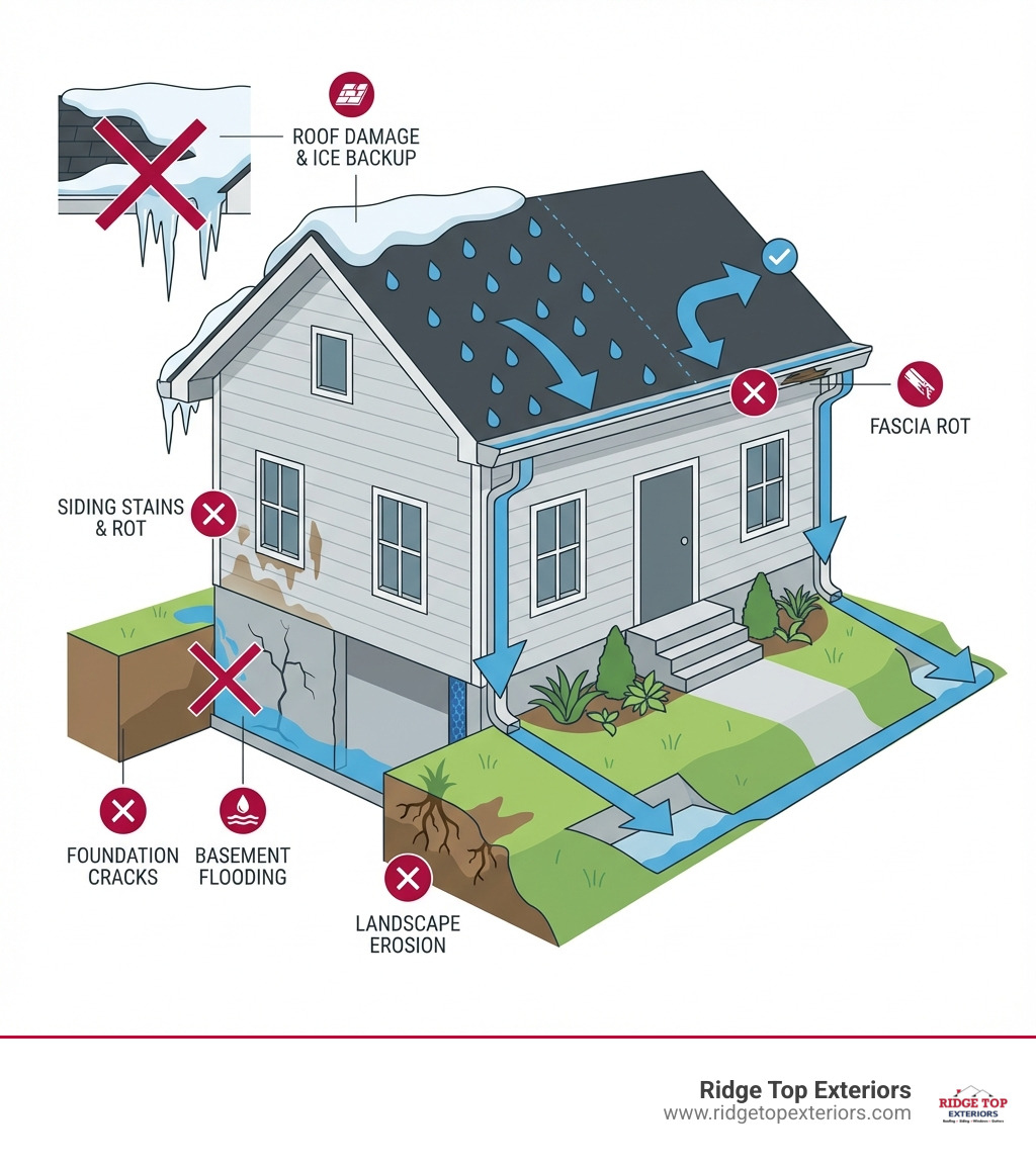 Infographic showing how gutters protect a home: arrows directing rainwater away from the foundation, roof protected from ice backup, siding shielded from water stains, and landscape preserved from erosion; includes icons for foundation cracks, basement flooding, roof damage, and fascia rot with red X marks showing what gutters prevent - Affordable gutter Madison WI infographic 