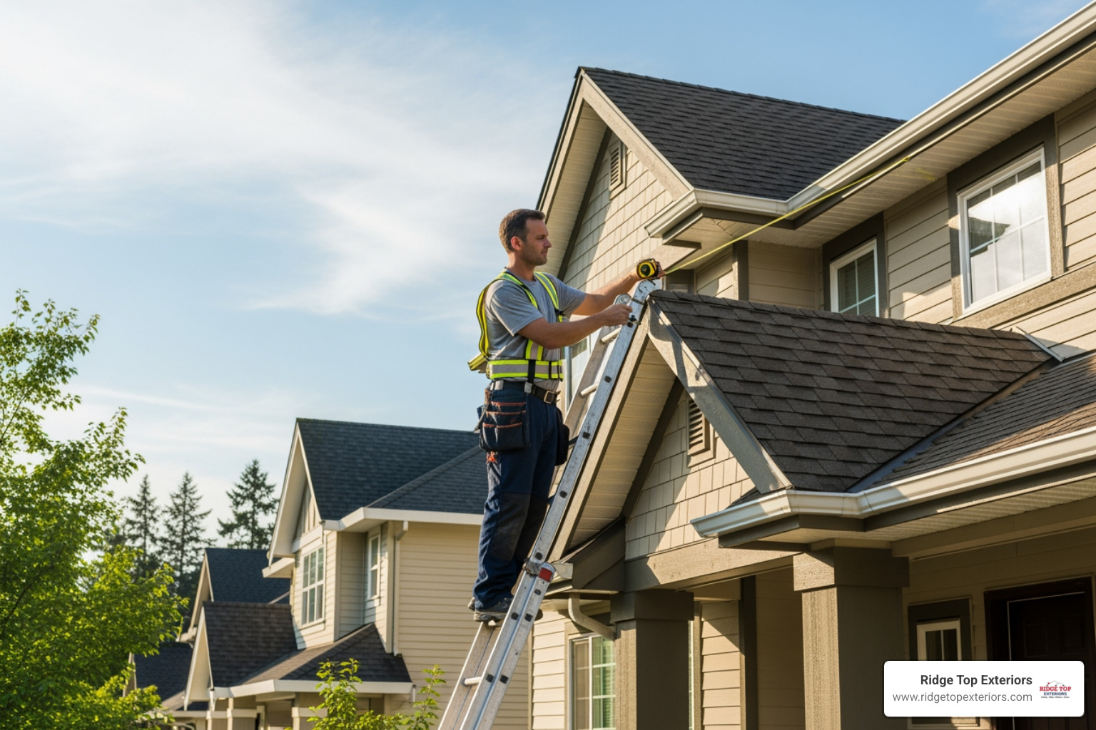 Ridge Top Exteriors professional measuring a roofline for a gutter installation estimate - Affordable gutter Madison WI