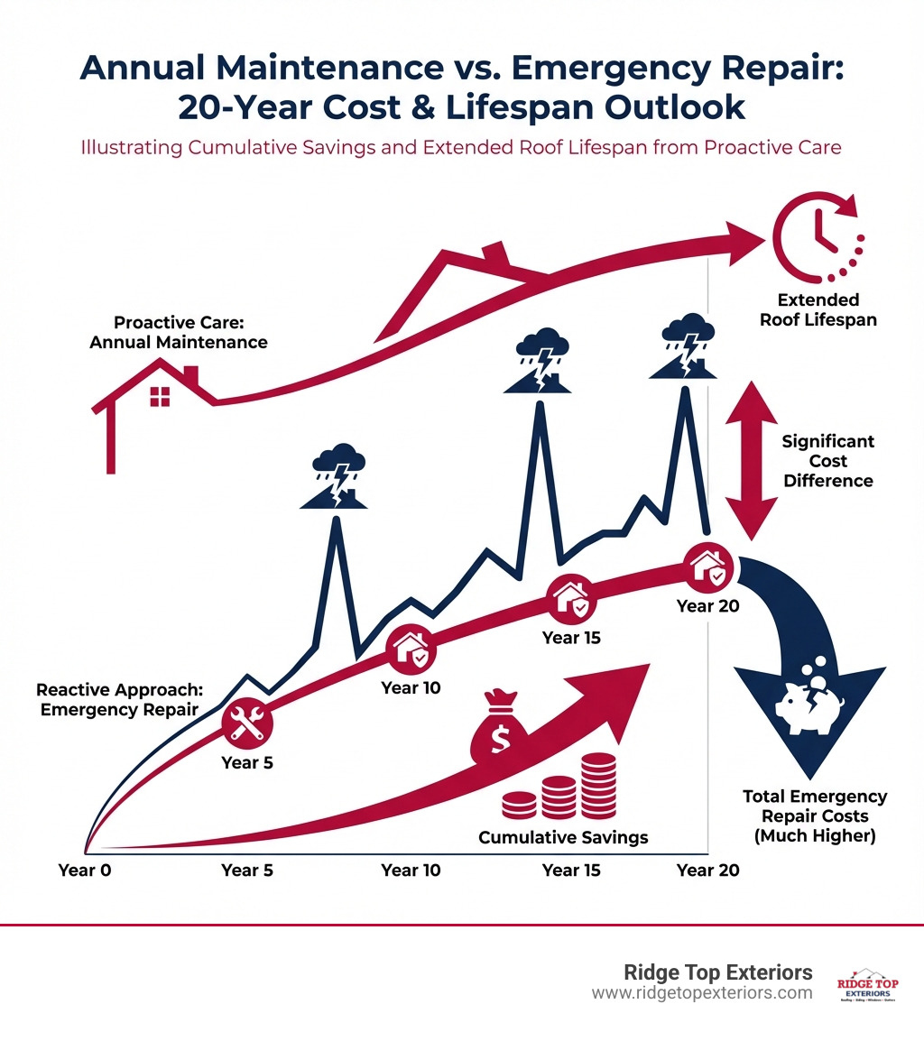 infographic showing annual maintenance cost vs emergency repair cost over 20 years, with Ridge Top Exteriors colors white, #B20839, and #0D224B, illustrating cumulative savings and extended roof lifespan from proactive care - Roof Maintenance Services infographic infographic showing annual maintenance cost vs emergency repair cost over 20 years, with Ridge Top Exteriors colors white, #B20839, and #0D224B, illustrating cumulative savings and extended roof lifespan from proactive care - Roof Maintenance Services infographic