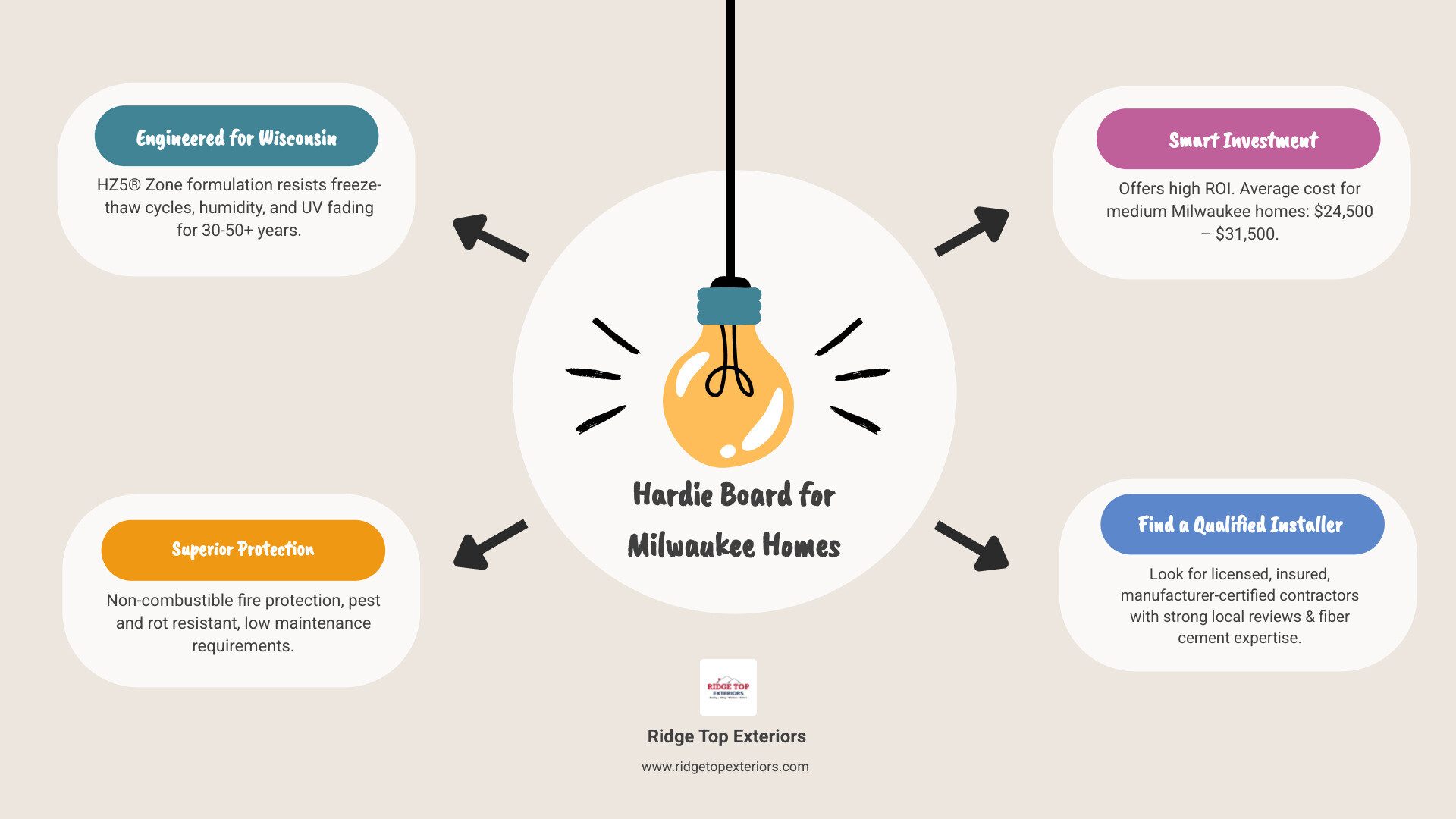Infographic showing key benefits of Hardie board siding: 30-50+ year lifespan, engineered for Wisconsin climate (HZ5 zone), noncombustible fire protection, resists moisture and pests, low maintenance, and 30-year warranty. Cost range for medium Milwaukee homes: $24,500-$31,500. Top installer qualities: licensed/insured, manufacturer certified, strong local reviews, experienced with fiber cement. - Hardie board Milwaukee WI infographic brainstorm-4-items
