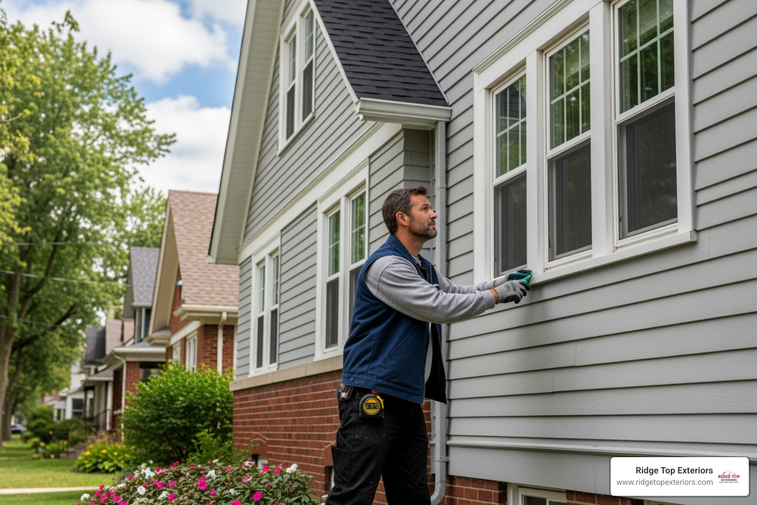 Contractor inspecting siding on a Milwaukee home - Hardie board Milwaukee WI