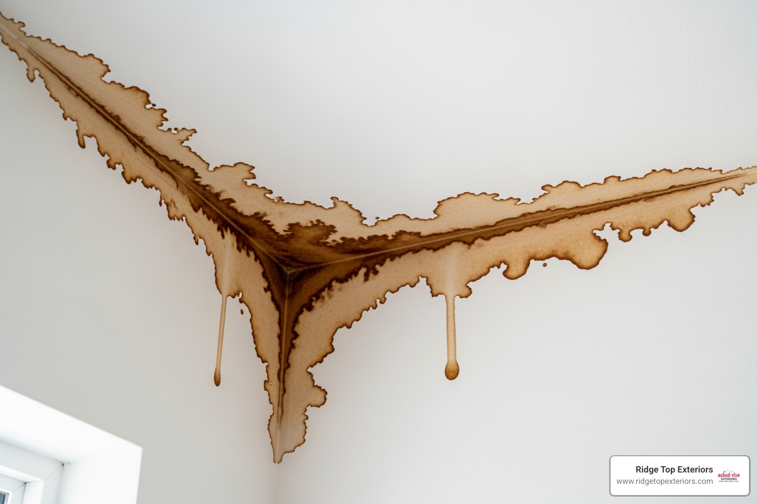 water stains on an interior ceiling near an exterior wall - ice dam prevention