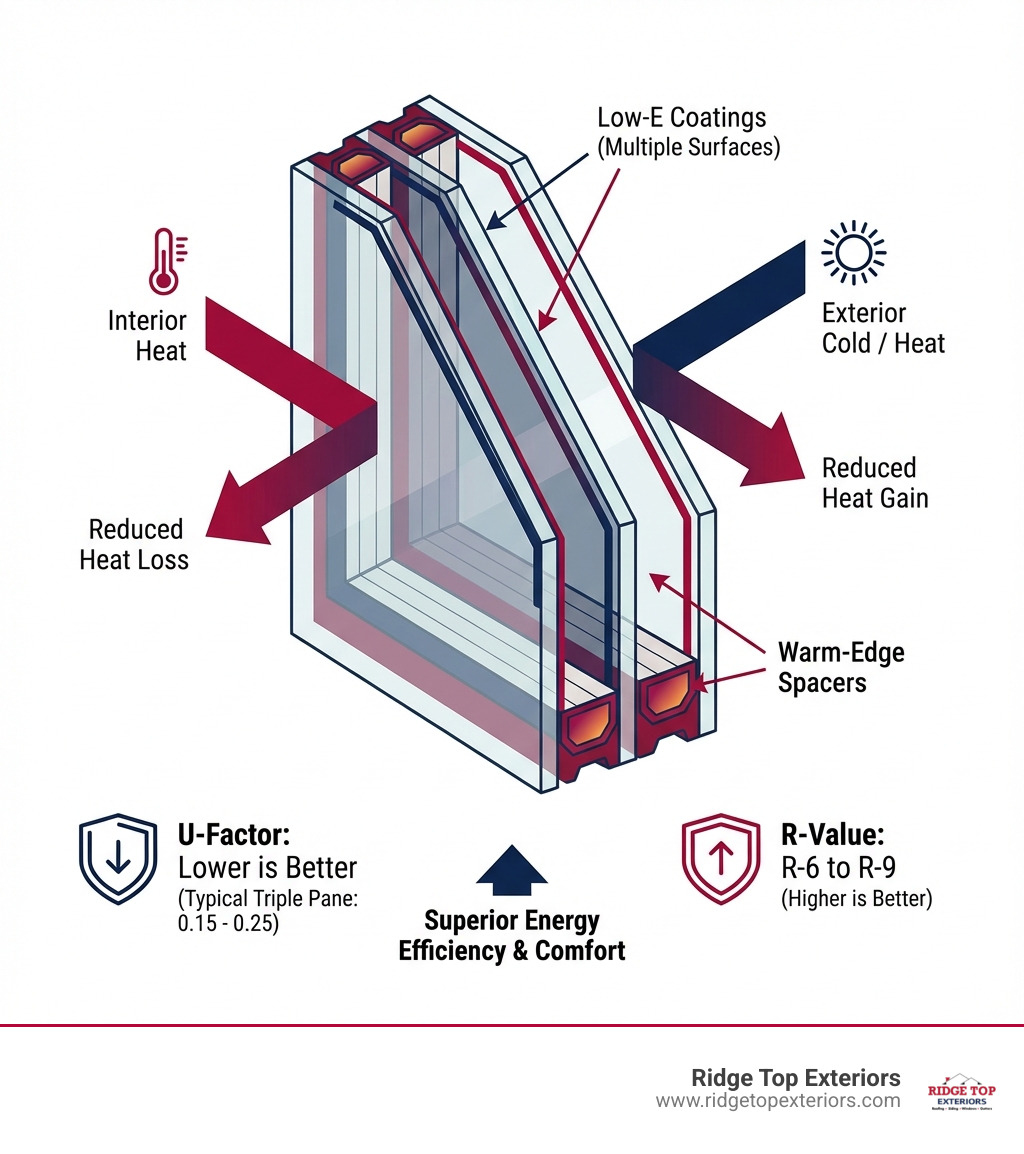 Detailed infographic showing the cross-section anatomy of a triple pane window with three glass layers, two gas-filled chambers with argon gas, Low-E coatings on multiple surfaces, warm-edge spacers, and arrows indicating reduced heat transfer compared to double pane windows. Include labels for each component and energy efficiency ratings (U-Factor and R-Value). Use Ridge Top Exteriors colors: white background with burgundy #B20839 and navy #0D224B accents. - triple pane windows infographic 