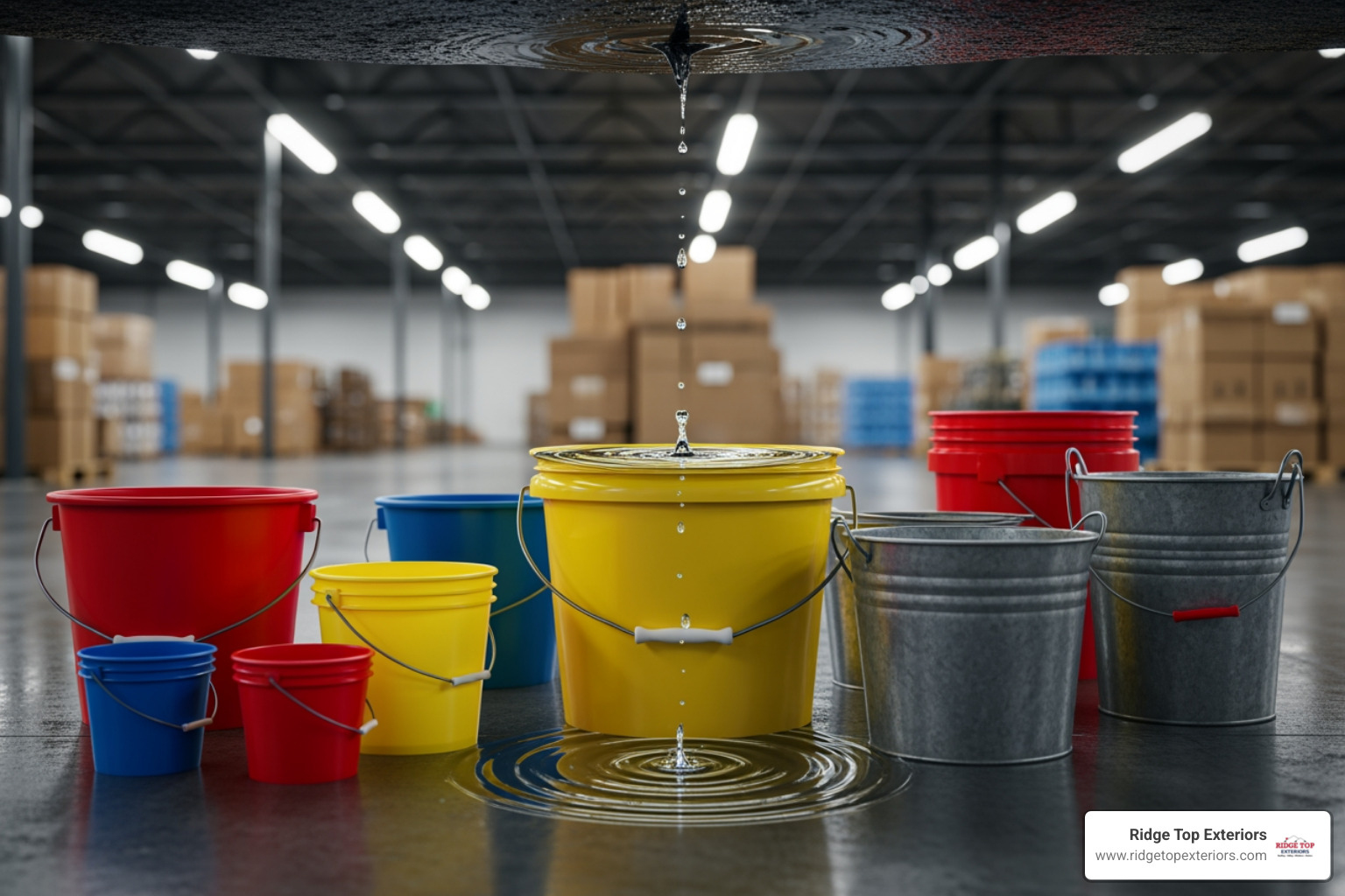 Buckets collecting water under a ceiling leak in a warehouse - Commercial roof leak repair