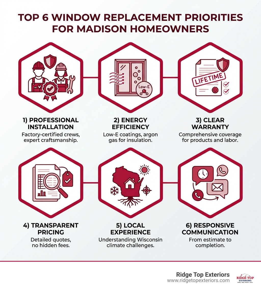 Infographic showing the top 6 factors Madison homeowners prioritize when choosing a window replacement company: 1) Professional installation crews with factory certification, 2) Energy-efficient windows with Low-E coatings and argon gas, 3) Clear warranty coverage for products and labor, 4) Transparent pricing with detailed quotes, 5) Local experience understanding Wisconsin climate, 6) Responsive communication from estimate to completion - best window replacement company Madison WI reviews infographic 