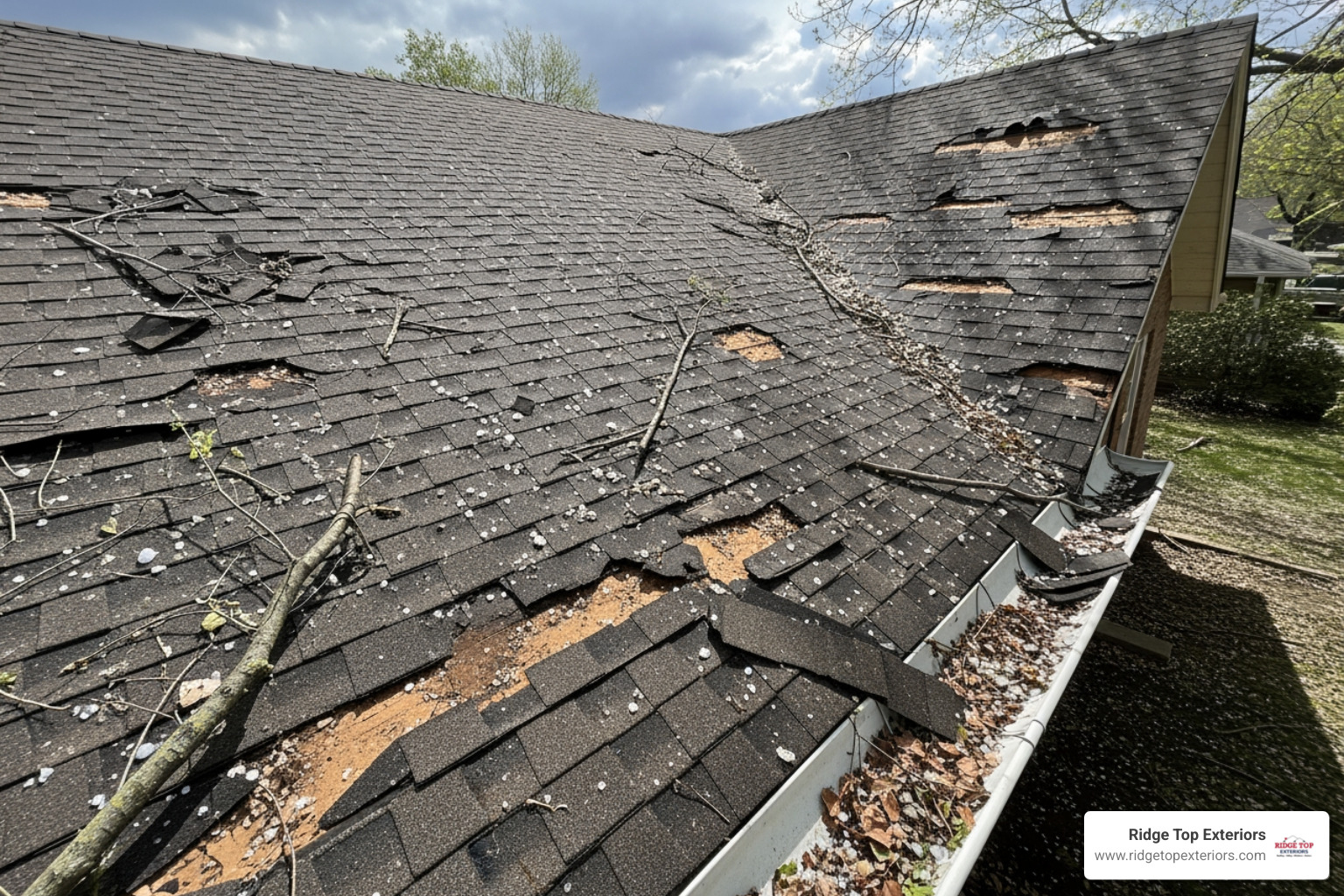 A residential roof showing visible hail damage after a storm - Milwaukee roof repairs
