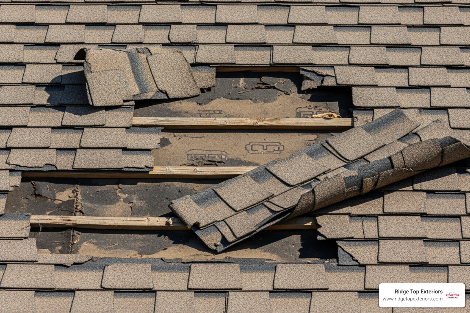 Curling and missing shingles on a residential roof - Milwaukee roof repairs