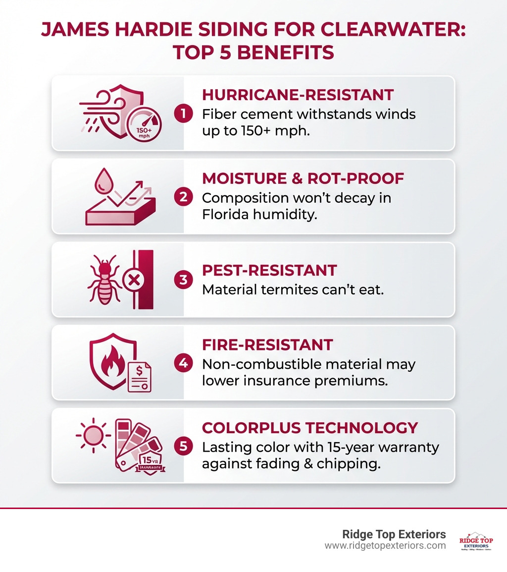 Infographic showing the top 5 benefits of James Hardie siding for Clearwater homes: 1. Hurricane-resistant fiber cement withstands winds up to 150+ mph, 2. Moisture and rot-proof composition won't decay in Florida humidity, 3. Pest-resistant material termites can't eat, 4. Fire-resistant non-combustible material may lower insurance premiums, 5. ColorPlus Technology lasting color with 15-year warranty against fading and chipping - James Hardie Elite Preferred contractor Clearwater FL infographic 