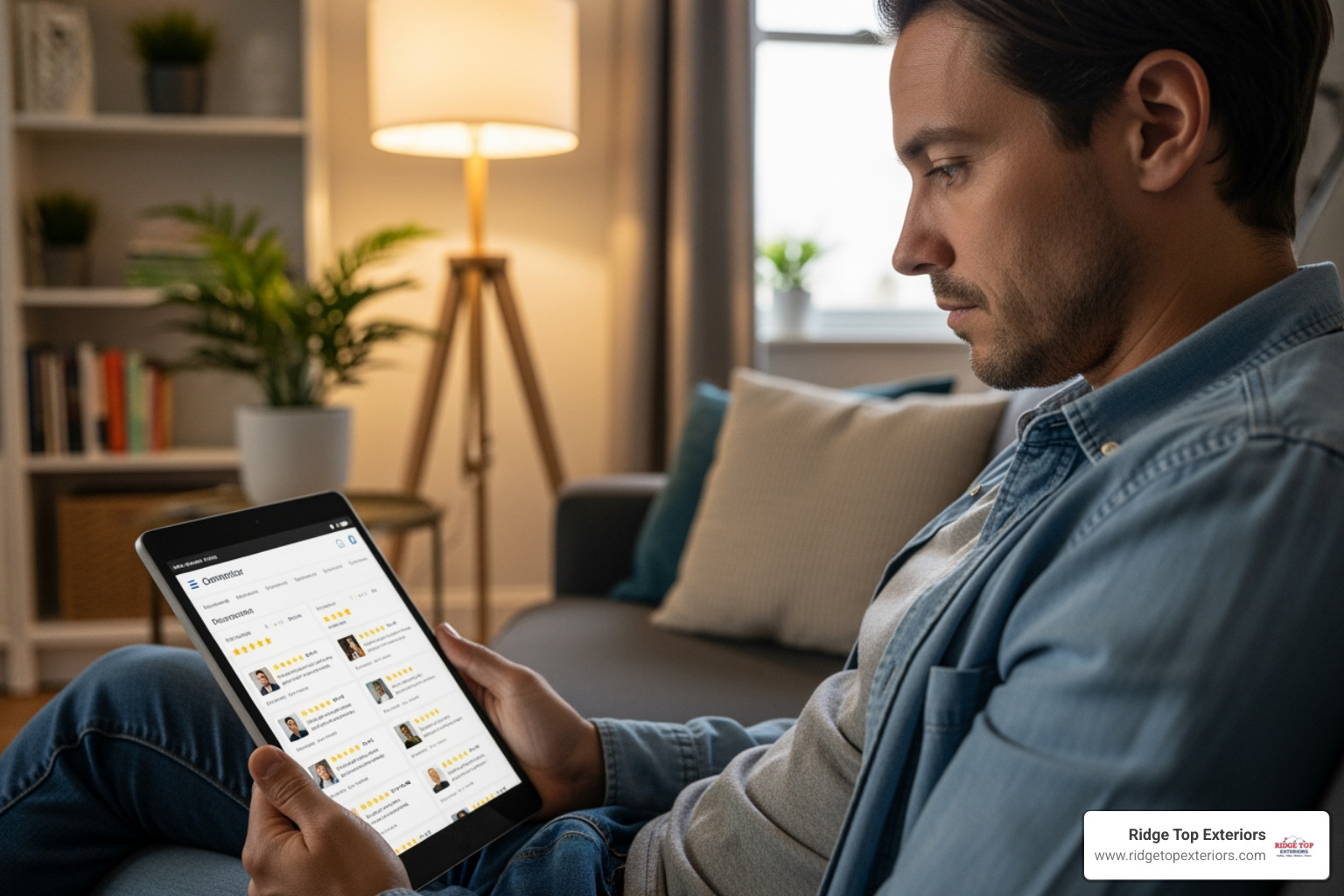 Homeowner reading contractor reviews on a tablet before booking a siding estimate - vinyl siding installation Clearwater Florida reviews