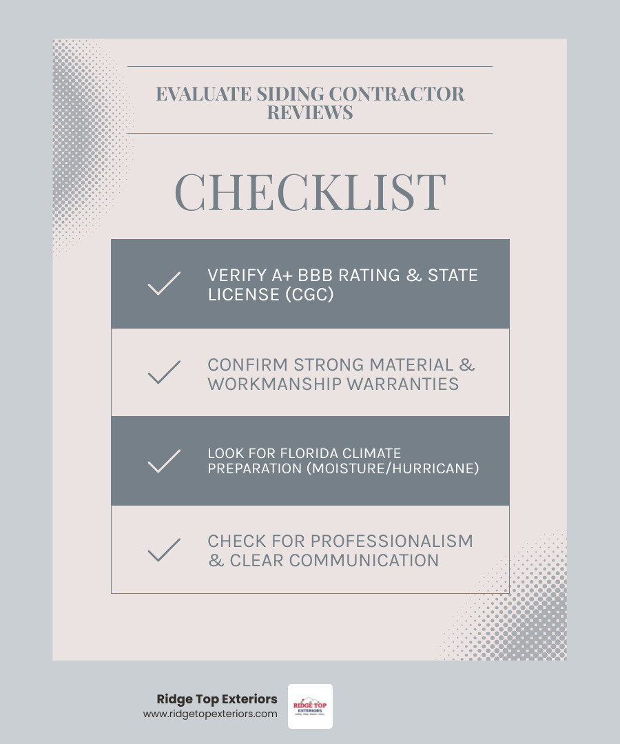 Infographic showing key factors to evaluate when reading vinyl siding installation reviews in Clearwater, FL: BBB rating and licensing verification, warranty coverage (25+ years workmanship), moisture protection systems for Florida climate, crew professionalism and communication, competitive pricing transparency, cleanup and project completion standards - vinyl siding installation Clearwater Florida reviews infographic checklist-light-blue-grey