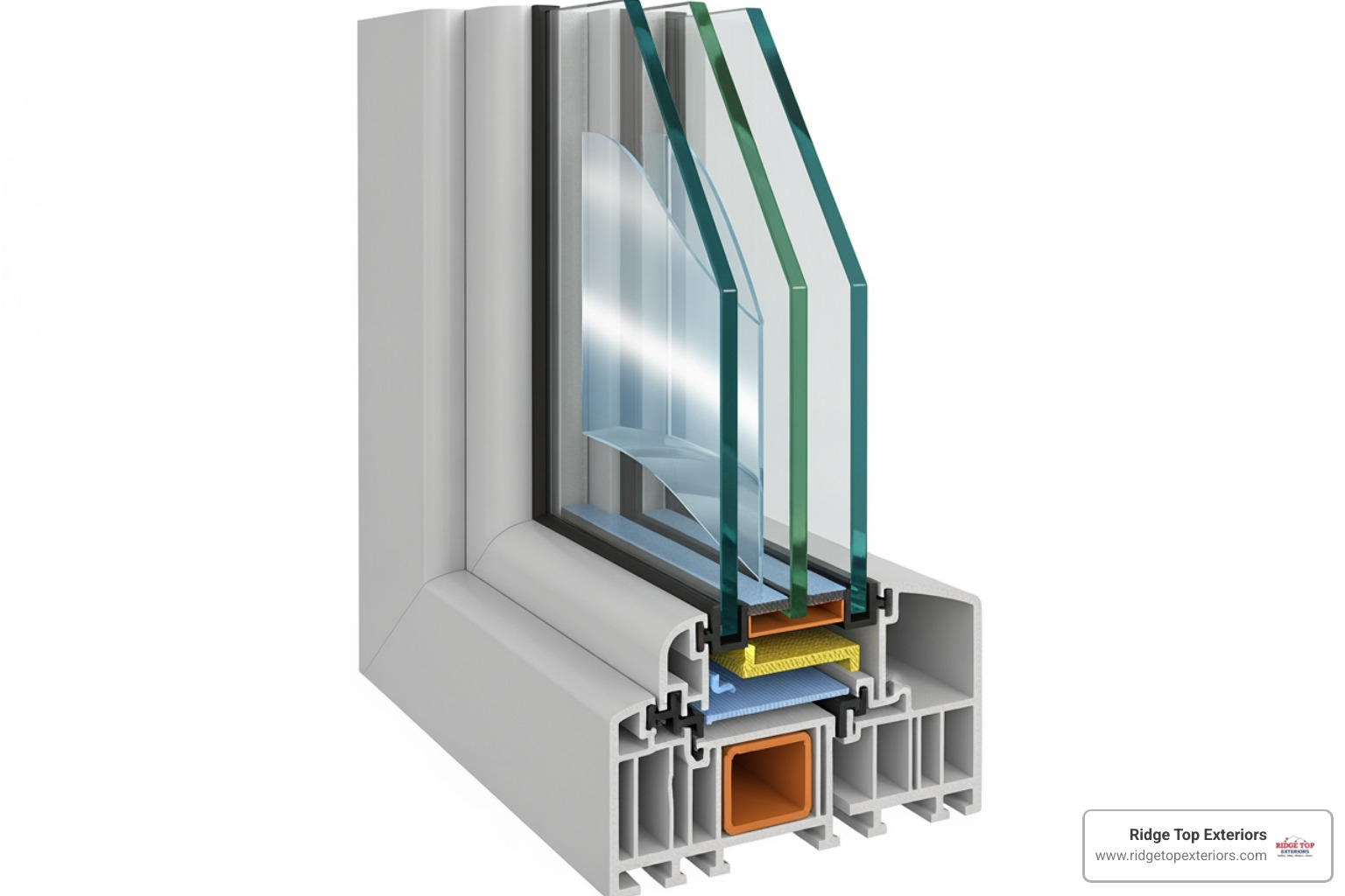A cross-section of an energy-efficient, impact-rated vinyl window highlighting its layers and features - window replacement pinellas county