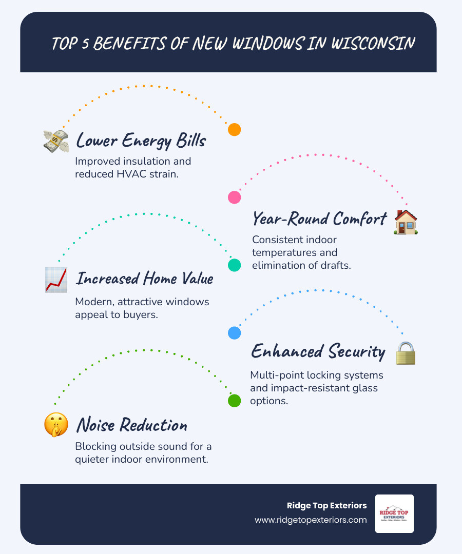 Infographic showing the top 5 benefits of new windows in Wisconsin: 1) Lower energy bills through improved insulation and reduced HVAC strain, 2) Year-round comfort with consistent indoor temperatures and elimination of drafts, 3) Increased home value with modern, attractive windows that appeal to buyers, 4) Enhanced security with multi-point locking systems and impact-resistant glass options, 5) Noise reduction blocking outside sound for a quieter indoor environment. Color scheme: white background, deep red (#B20839) and navy blue (#0D224B) accents. - wisconsin window replacement infographic infographic-line-5-steps-blues-accent_colors