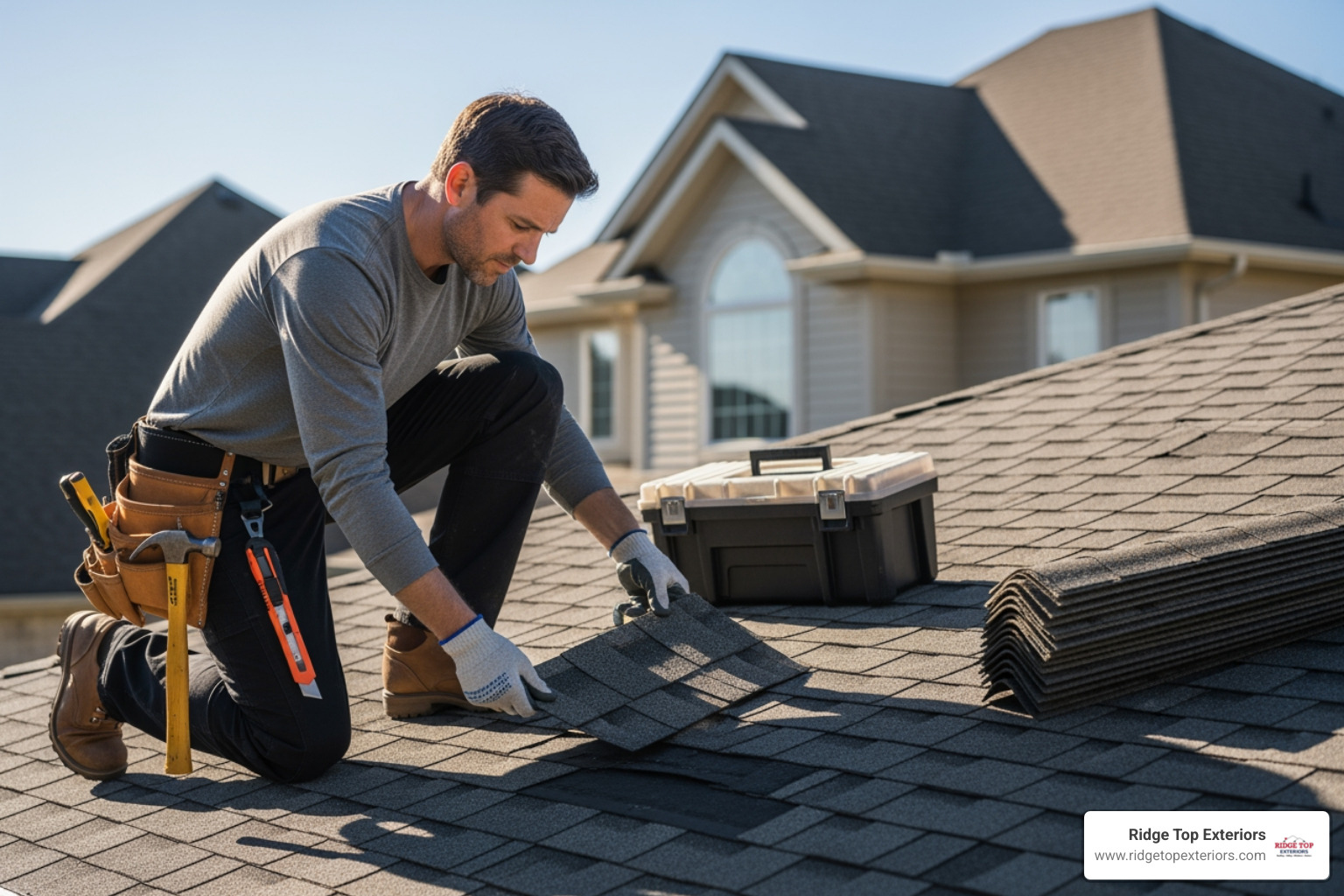 Roofer inspecting a residential roof for damage - Lake County roof repair
