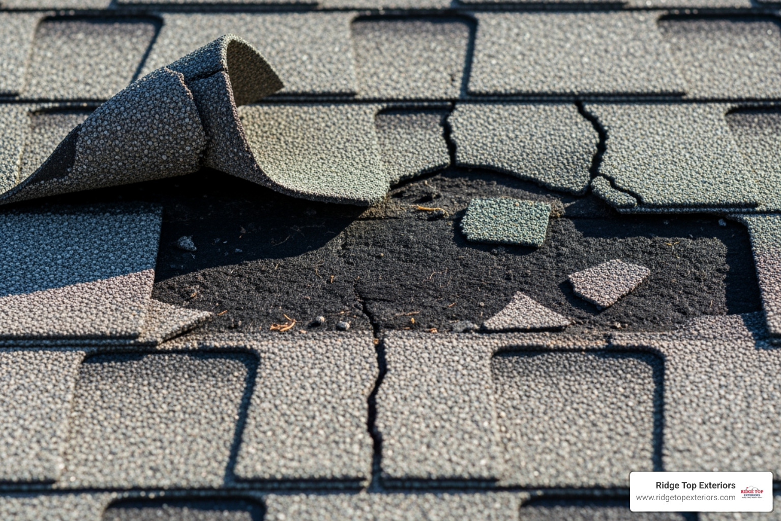 Examples of curling, cracked, and missing asphalt shingles - Roof Maintenance