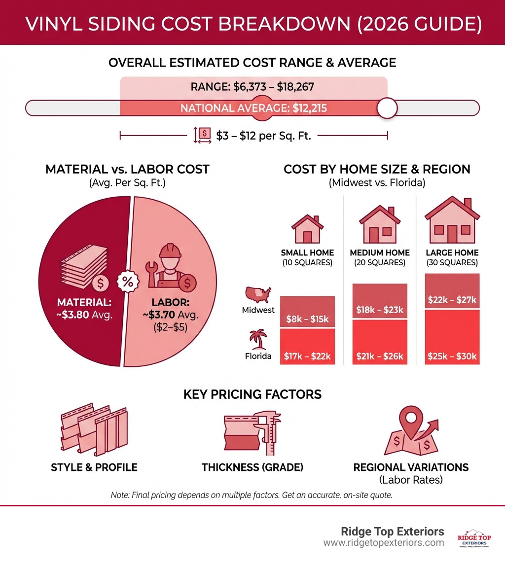 infographic showing average vinyl siding cost breakdown by home size, material vs labor costs, and key pricing factors including style, thickness, and regional variations - New Vinyl Siding Cost infographic 