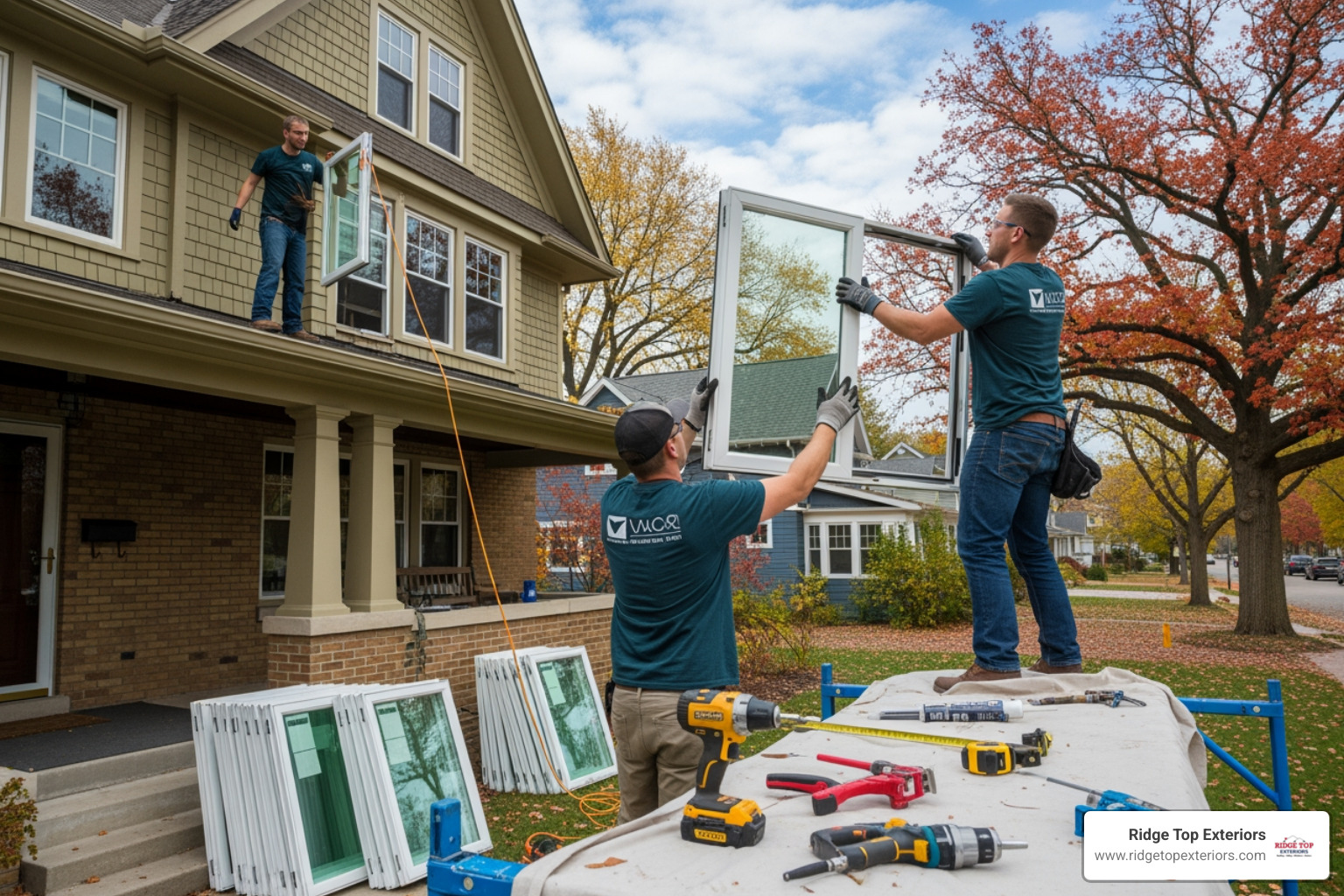 Window installation crew working on a Madison home - Most Reviewed Window Contractor in Madison
