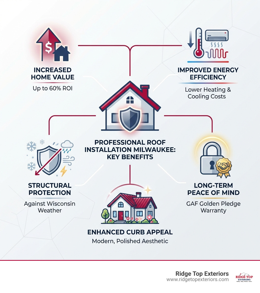 Infographic showing the key benefits of professional roof installation Milwaukee: increased home value (up to 60% ROI), improved energy efficiency (lower heating and cooling costs), enhanced curb appeal, structural protection against Wisconsin weather, and long-term peace of mind with GAF Golden Pledge Warranty - roof installation Milwaukee infographic 