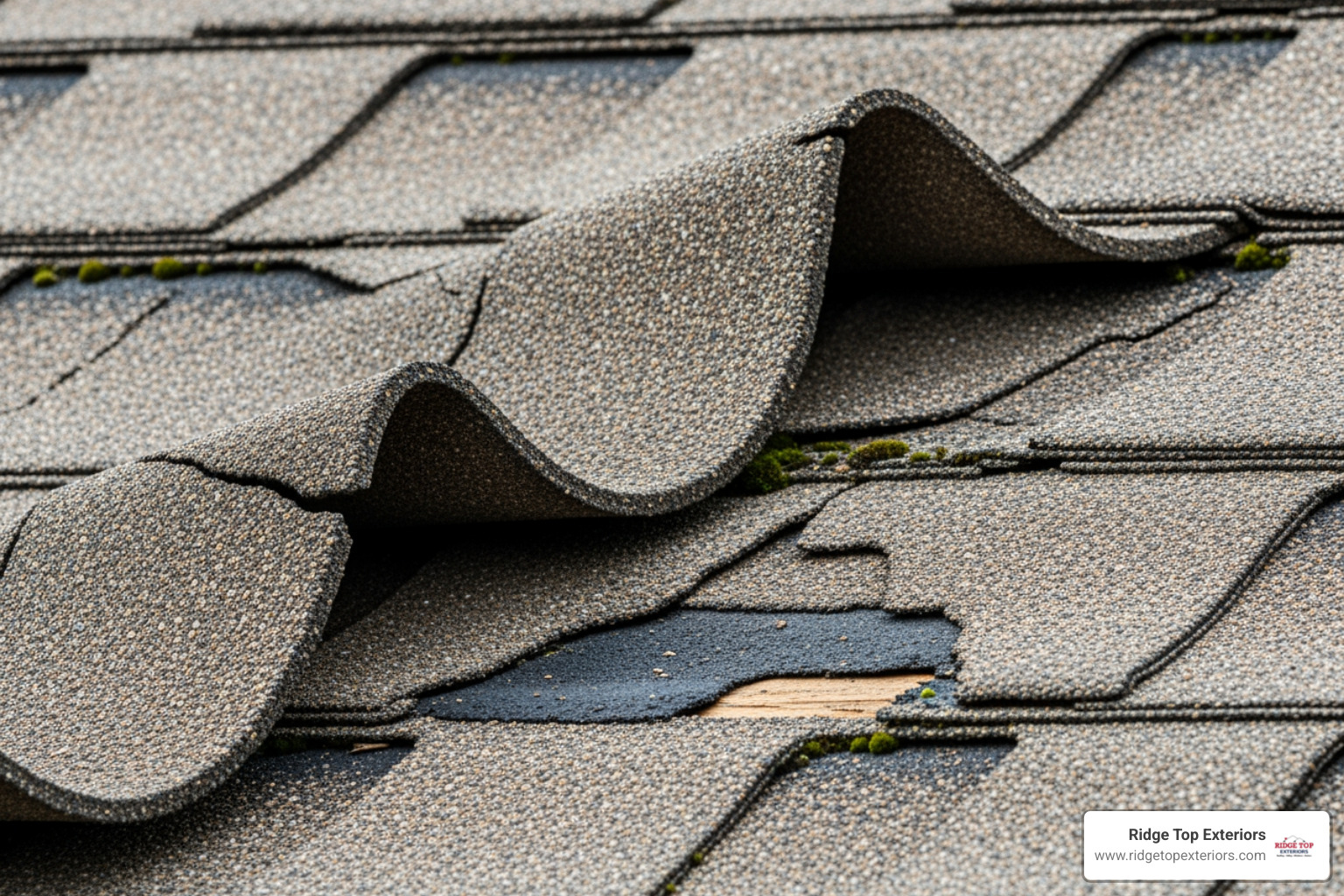 curling and buckling asphalt shingles on a roof - roof installation Milwaukee