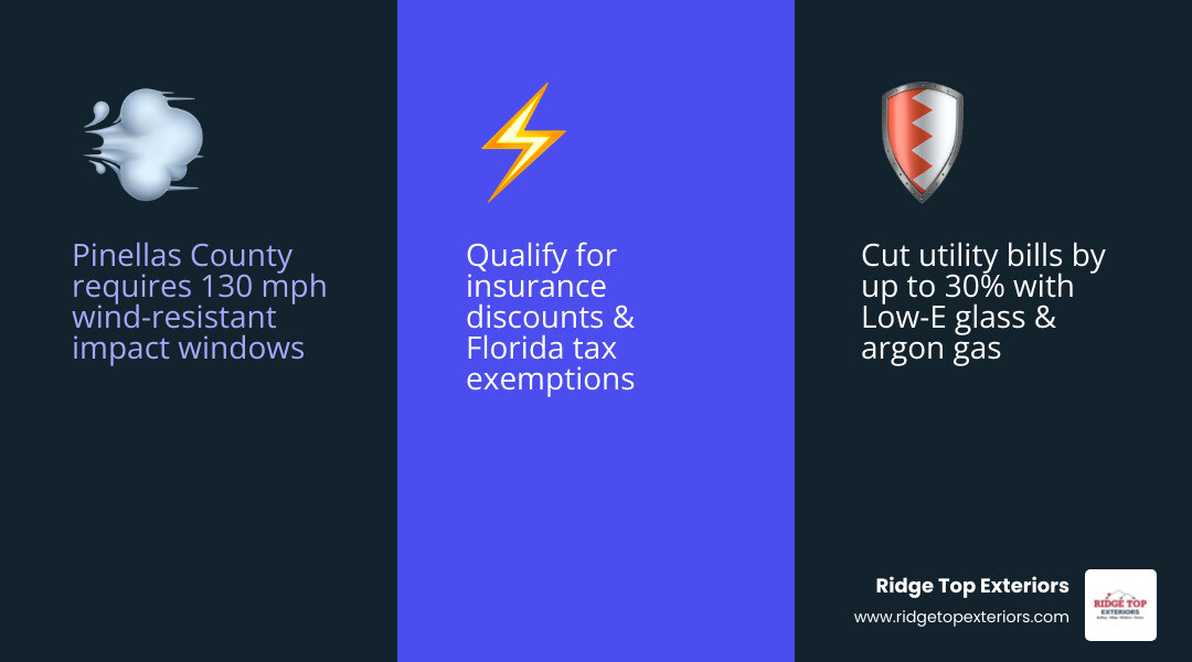 Infographic showing the key benefits of impact-resistant window replacement in Clearwater FL: 30% energy savings, 130 mph wind resistance requirement in Pinellas County, insurance discount eligibility, $1,100+ annual savings from 4 impact windows, improved home value, and Florida Home Hardening tax exemption — displayed in a clean vertical layout using navy blue #0D224B and crimson red #B20839 with white text and icons - Window Replacement Clearwater FL infographic 3_facts_emoji_blue