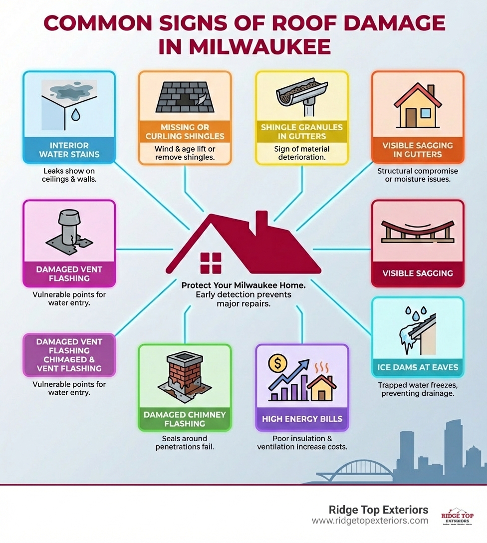 Infographic showing common signs of roof damage in Milwaukee: interior water stains, missing or curling shingles, shingle granules in gutters, visible sagging, ice dams at eaves, high energy bills, and damaged flashing around chimneys and vents - Milwaukee roof repairs infographic 