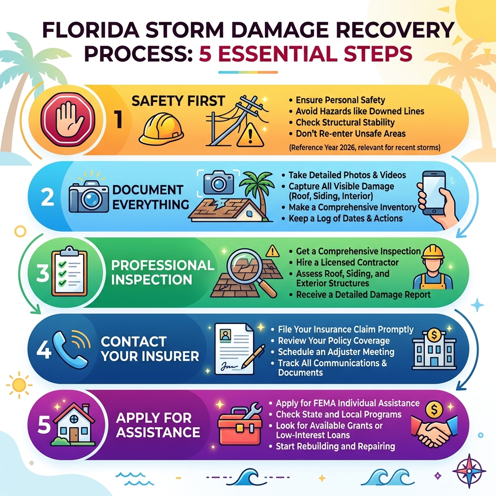 5-step Florida storm damage recovery process infographic with safety, documentation, inspection, insurance, and repair